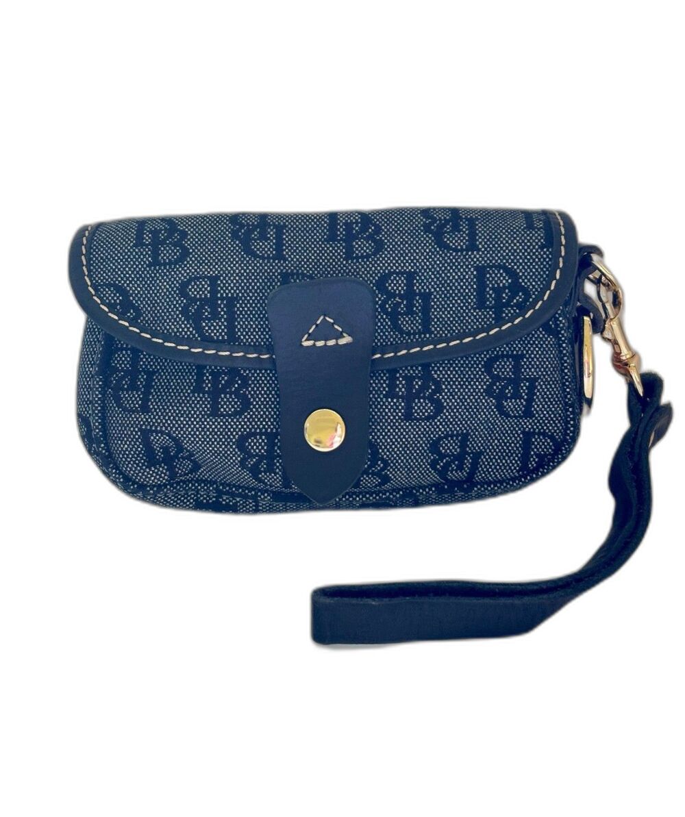 Dooney & Bourke Blue Monogram DB Canvas Wristlet Wallet Purse Leather Trim Duck